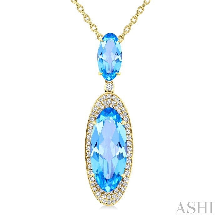 18X8 MM Evoque Gemstones & 10x5 MM Oval Shape Blue Topaz and 1/3 Ctw Round Cut Diamond Halo Semi-Precious Pendant With Chain in 14K Yellow Gold
