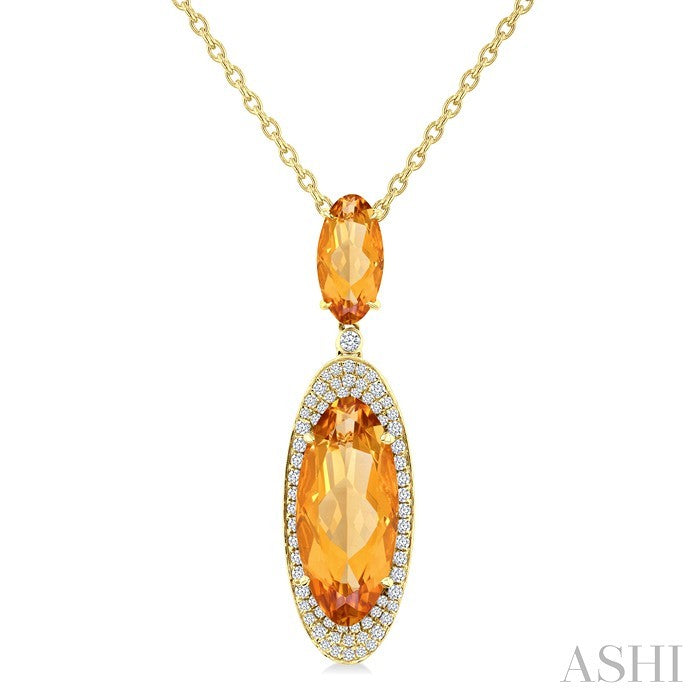 18X8 MM Evoque Gemstone & 10x5 MM Oval Shape Citrine and 1/3 Ctw Round Cut Diamond Halo Semi-Precious Pendant With Chain in 14K Yellow Gold