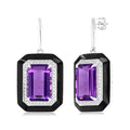 Emerald Shape Black Enamel Gemstone & Halo Diamond Earrings