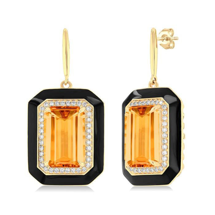 Emerald Shape Black Enamel Gemstone & Halo Diamond Earrings