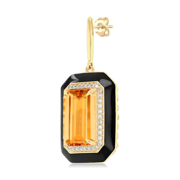 Emerald Shape Black Enamel Gemstone & Halo Diamond Earrings
