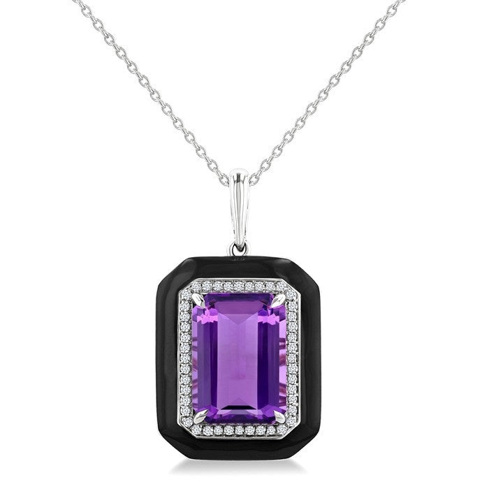 Seraph Emerald Shape Paperclip Black Enamel Gemstone & Halo Diamond Pendant