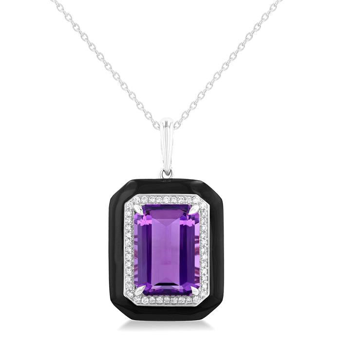 Seraph Emerald Shape Paperclip Black Enamel Gemstone & Halo Diamond Pendant