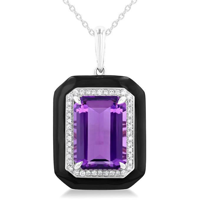 Seraph Emerald Shape Paperclip Black Enamel Gemstone & Halo Diamond Pendant