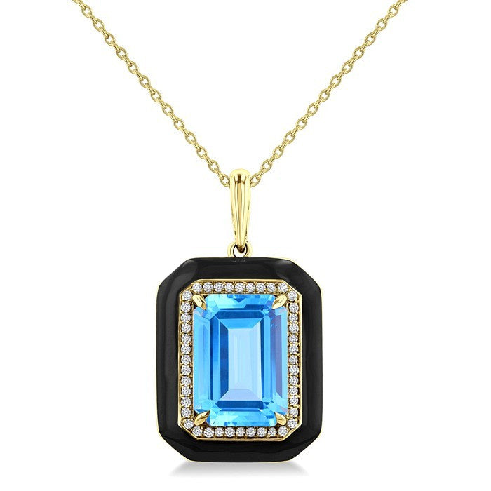 14X10 MM Evoque Gemstones Emerald Shape Blue Topaz and 1/5 Ctw Round Diamond Halo & Black Enamel Semi-Precious Pendant With Chain in 14K Yellow Gold