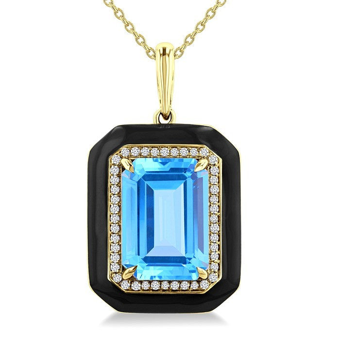14X10 MM Evoque Gemstones Emerald Shape Blue Topaz and 1/5 Ctw Round Diamond Halo & Black Enamel Semi-Precious Pendant With Chain in 14K Yellow Gold