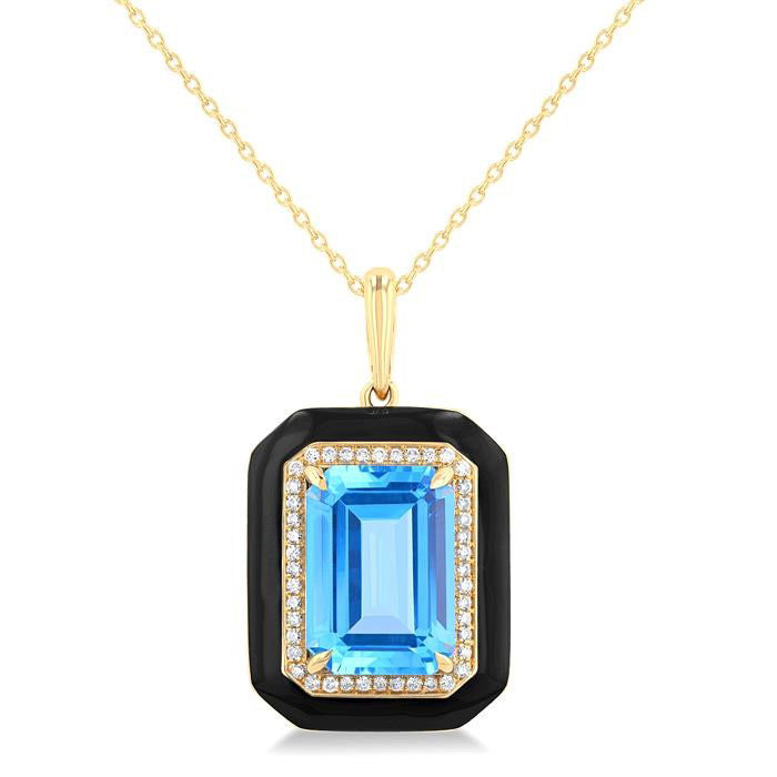 Vale Emerald Shape Paperclip Black Enamel Gemstone & Halo Diamond Pendant