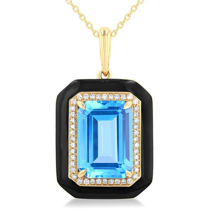 Vale Emerald Shape Paperclip Black Enamel Gemstone & Halo Diamond Pendant
