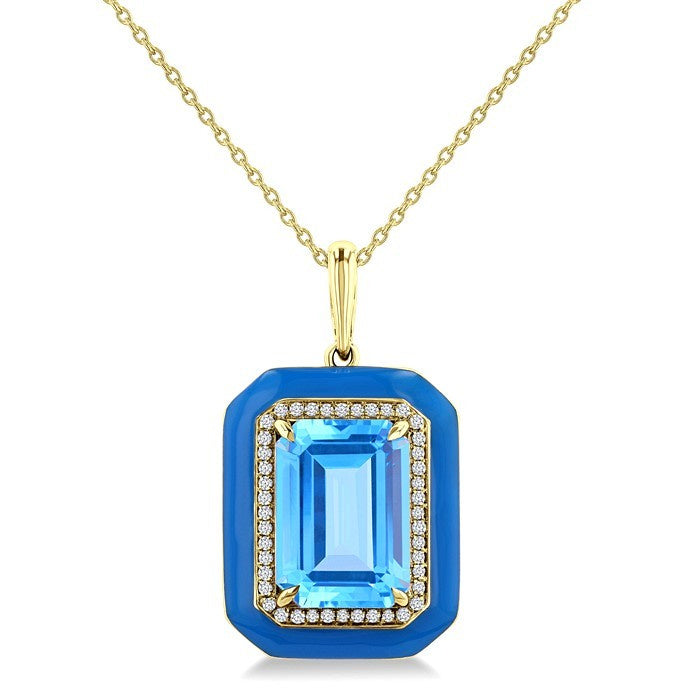 14X10MM Evoque Gemstones Emerald Shape Blue Topaz and 1/5 Ctw Round Cut Diamond Halo & Blue Enamel Semi-Precious Pendant With Chain in 14K Yellow Gold