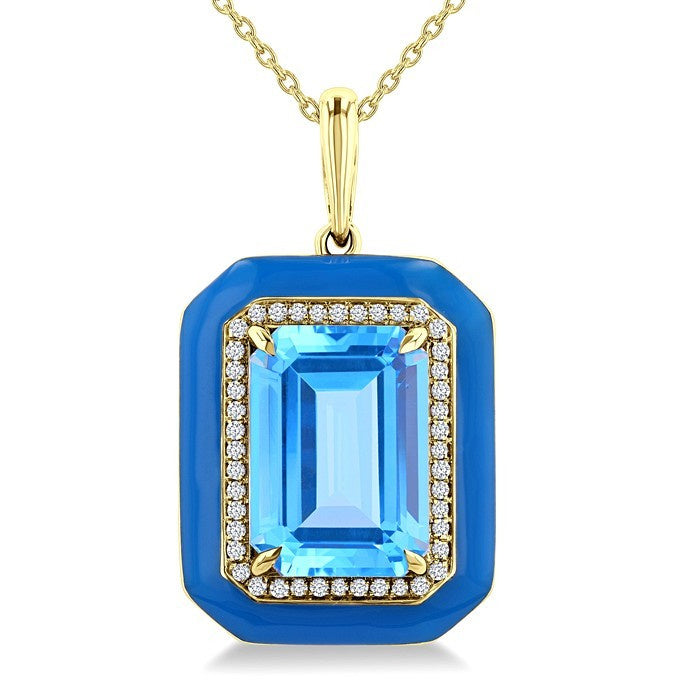 14X10MM Evoque Gemstones Emerald Shape Blue Topaz and 1/5 Ctw Round Cut Diamond Halo & Blue Enamel Semi-Precious Pendant With Chain in 14K Yellow Gold