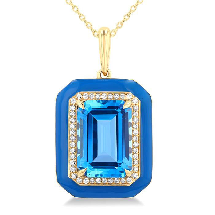 Emerald Shape Paperclip Blue Enamel Gemstone & Halo Diamond Pendant