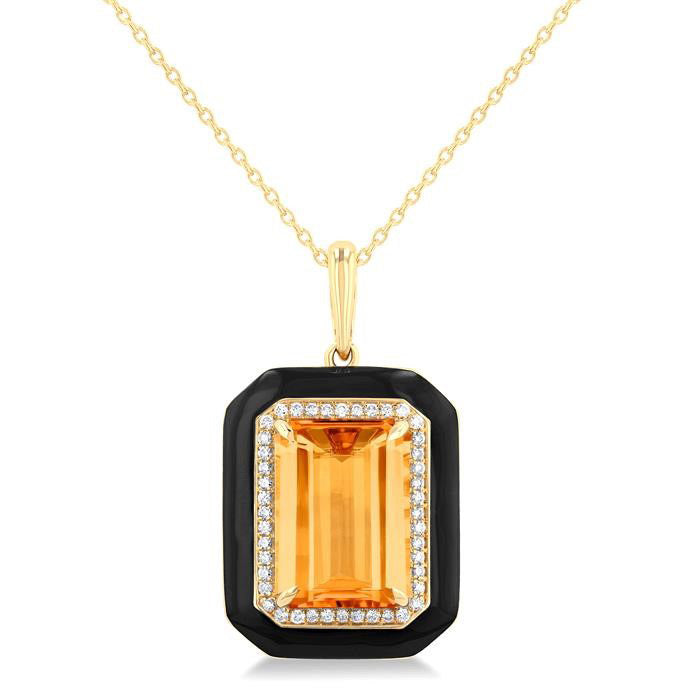 Luna Emerald Shape Paperclip Black Enamel Gemstone & Halo Diamond Pendant