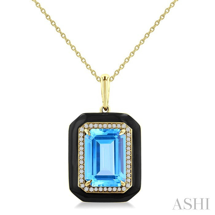14X10 MM Evoque Gemstones Emerald Shape Blue Topaz and 1/5 Ctw Round Diamond Halo & Black Enamel Semi-Precious Pendant With Chain in 14K Yellow Gold