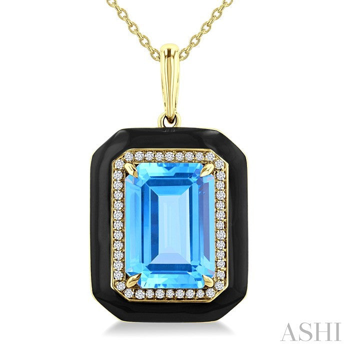 14X10 MM Evoque Gemstones Emerald Shape Blue Topaz and 1/5 Ctw Round Diamond Halo & Black Enamel Semi-Precious Pendant With Chain in 14K Yellow Gold