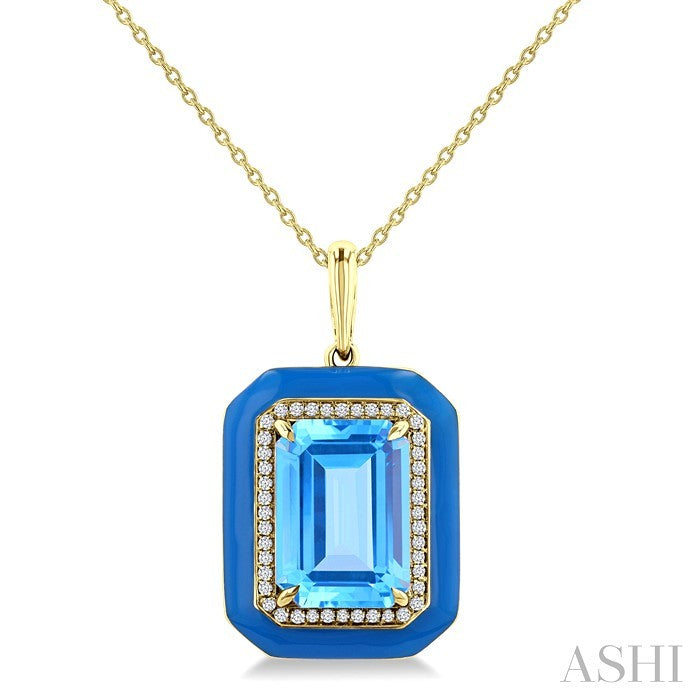 14X10MM Evoque Gemstones Emerald Shape Blue Topaz and 1/5 Ctw Round Cut Diamond Halo & Blue Enamel Semi-Precious Pendant With Chain in 14K Yellow Gold