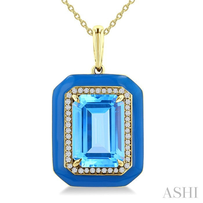14X10MM Evoque Gemstones Emerald Shape Blue Topaz and 1/5 Ctw Round Cut Diamond Halo & Blue Enamel Semi-Precious Pendant With Chain in 14K Yellow Gold