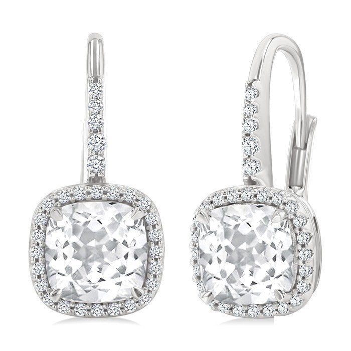 7X7 MM Cushion Cut White Topaz and 1/4 Ctw Round Cut Diamond Halo Semi-Precious Earrings in 14K White Gold