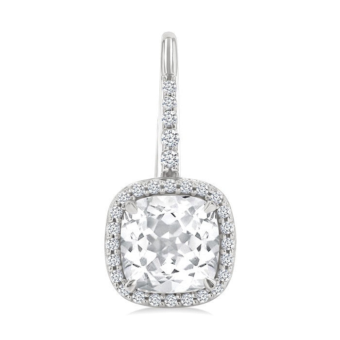 7X7 MM Cushion Cut White Topaz and 1/4 Ctw Round Cut Diamond Halo Semi-Precious Earrings in 14K White Gold