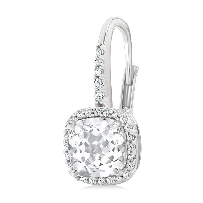 7X7 MM Cushion Cut White Topaz and 1/4 Ctw Round Cut Diamond Halo Semi-Precious Earrings in 14K White Gold