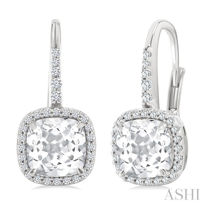 7X7 MM Cushion Cut White Topaz and 1/4 Ctw Round Cut Diamond Halo Semi-Precious Earrings in 14K White Gold