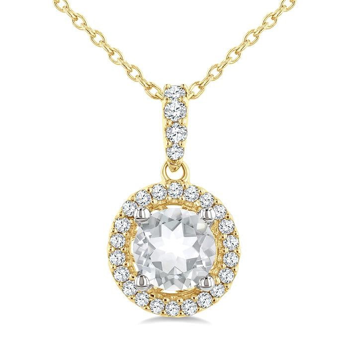 5 MM White Topaz and 1/10 Ctw Round Cut Diamond Halo Semi-Precious Pendant With Chain in 14K Yellow and White Gold