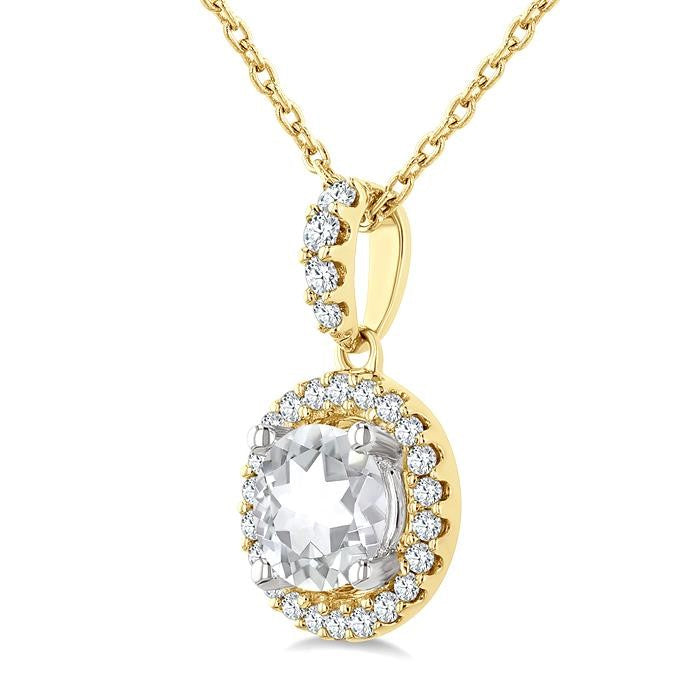 5 MM White Topaz and 1/10 Ctw Round Cut Diamond Halo Semi-Precious Pendant With Chain in 14K Yellow and White Gold