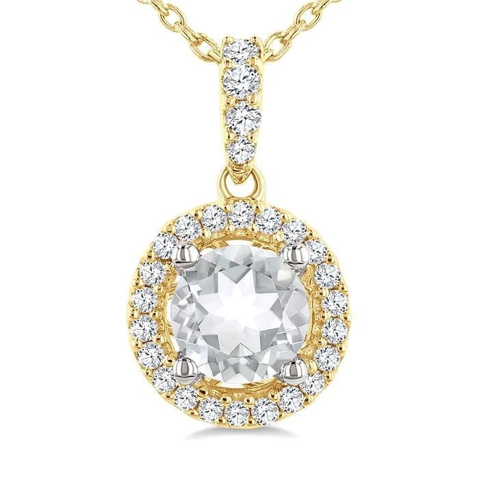 5 MM White Topaz and 1/10 Ctw Round Cut Diamond Halo Semi-Precious Pendant With Chain in 14K Yellow and White Gold