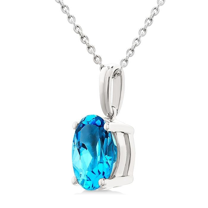 8X6 MM Oval Cut Blue Topaz Semi-Precious Solitaire Pendant With Chain in 14K White Gold