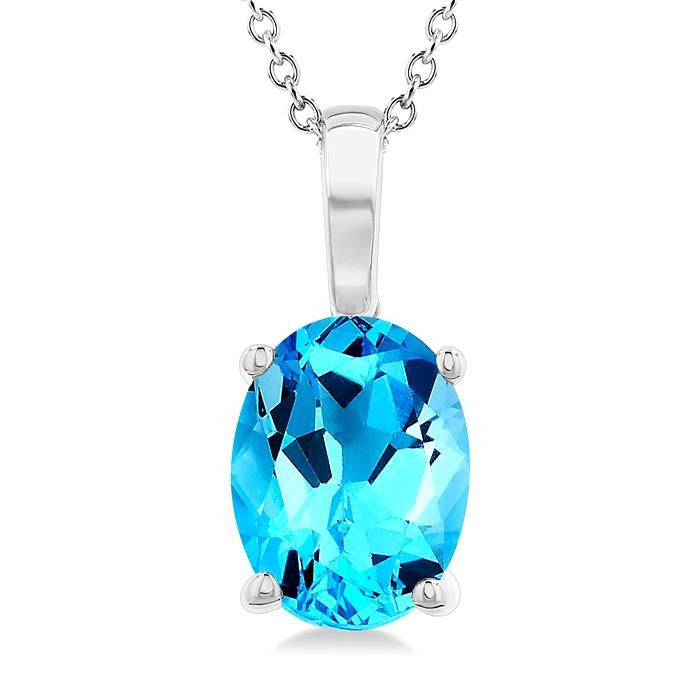 8X6 MM Oval Cut Blue Topaz Semi-Precious Solitaire Pendant With Chain in 14K White Gold