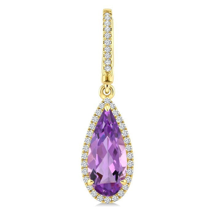 12X5 MM Evoque Gemstones Pear Shape Amethyst and 1/3 Ctw Round Cut Diamond Semi-Precious Halo Earrings in 14K Yellow Gold