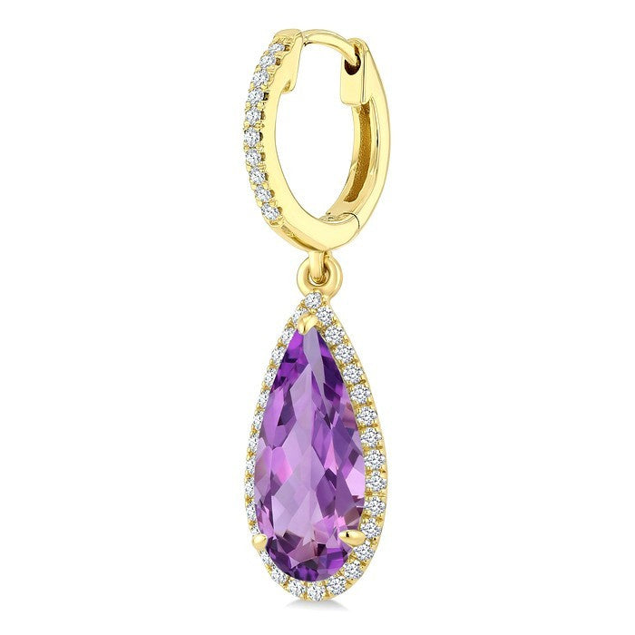 12X5 MM Evoque Gemstones Pear Shape Amethyst and 1/3 Ctw Round Cut Diamond Semi-Precious Halo Earrings in 14K Yellow Gold