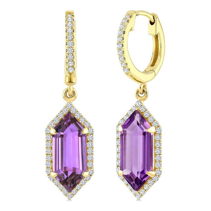 12X5 MM Evoque Gemstones Hexagon Shape Amethyst and 1/3 Ctw Round Cut Diamond Semi-Precious Earrings in 10K Yellow Gold