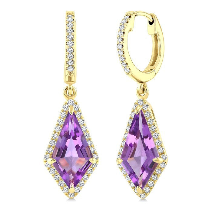 12X5 MM Evoque Gemstones Kite Shape Amethyst and 1/3 Ctw Round Cut Diamond Semi-Precious Earrings in 10K Yellow Gold