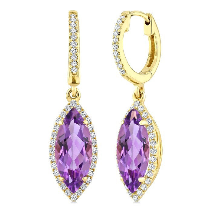 12X5 MM Evoque Gemstones Marquise Shape Amethyst and 1/3 Ctw Round Cut Diamond Semi-Precious Earrings in 10K Yellow Gold