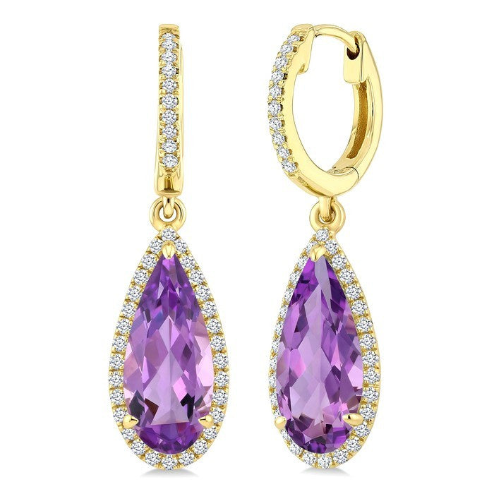 12X5 MM Evoque Gemstones Pear Shape Amethyst and 1/3 Ctw Round Cut Diamond Semi-Precious Earrings in 10K Yellow Gold