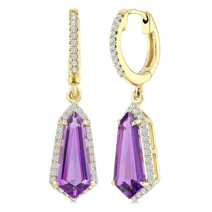12X5 MM Evoque Gemstones Shield Shape Amethyst and 1/3 Ctw Round Cut Diamond Semi-Precious Earrings in 10K Yellow Gold