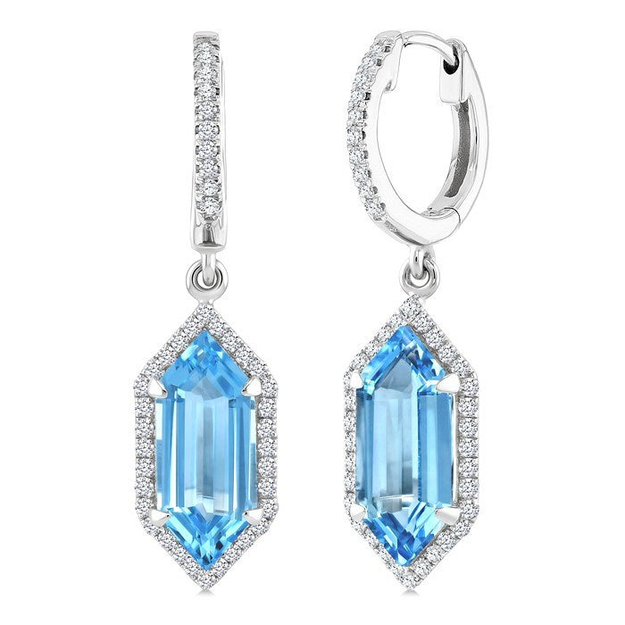 12X5 MM Evoque Gemstones Hexagon Shape Blue Topaz and 1/3 Ctw Round Cut Diamond Semi-Precious Earrings in 10K White Gold