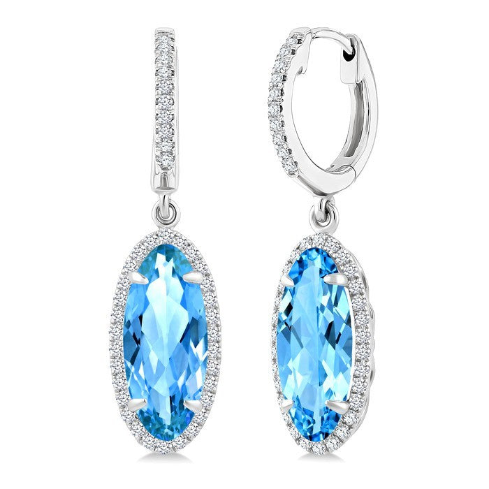 12X5 MM Evoque Gemstones Oval Shape Blue Topaz and 1/3 Ctw Round Cut Diamond Semi-Precious Earrings in 10K White Gold