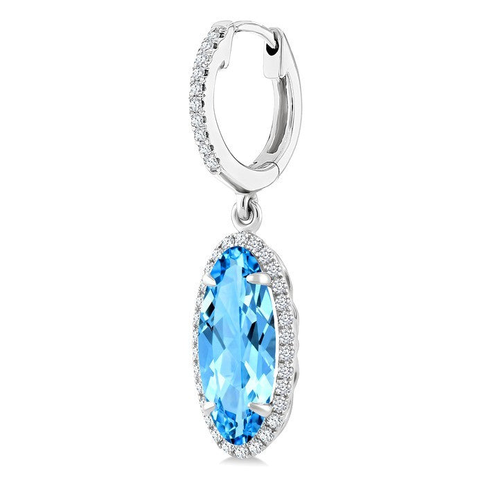 12X5 MM Evoque Gemstones Oval Shape Blue Topaz and 1/3 Ctw Round Cut Diamond Semi-Precious Earrings in 10K White Gold