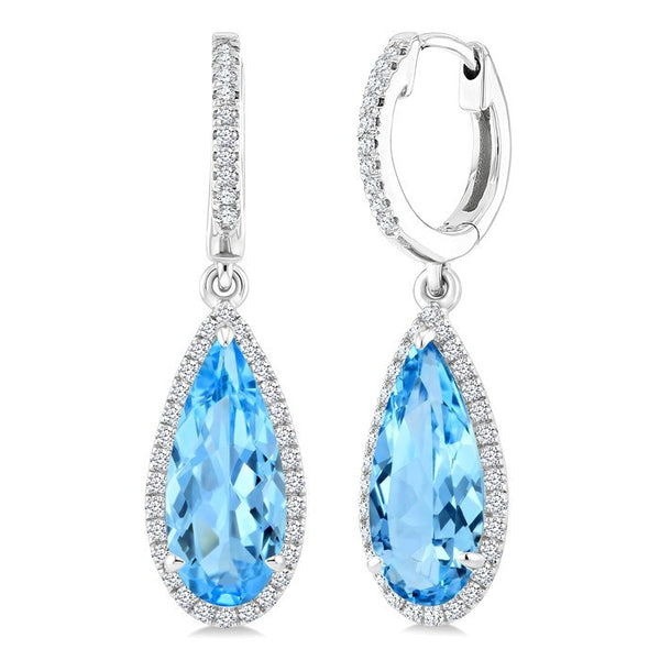 12X5 MM Evoque Gemstones Pear Shape Blue Topaz and 1/3 Ctw Round Cut Diamond Semi-Precious Earrings in 10K White Gold
