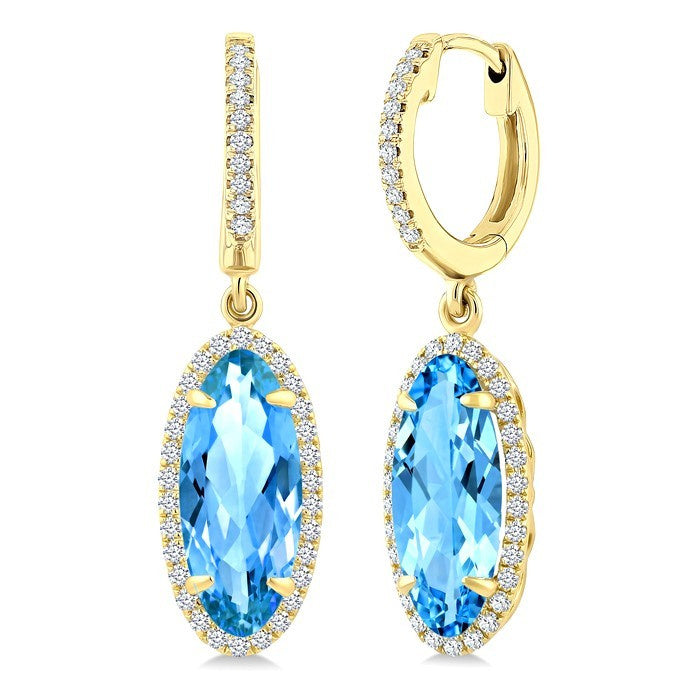 12X5 MM Evoque Gemstones Oval Shape Blue Topaz and 1/3 Ctw Round Cut Diamond Semi-Precious Earrings in 10K Yellow Gold