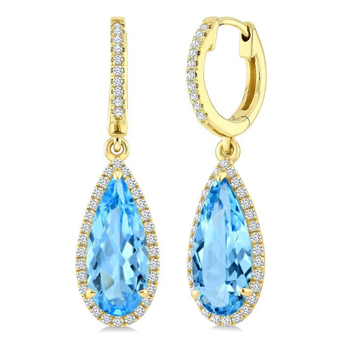 12X5 MM Evoque Gemstones Pear Shape Blue Topaz and 1/3 Ctw Round Cut Diamond Semi-Precious Earrings in 10K Yellow Gold