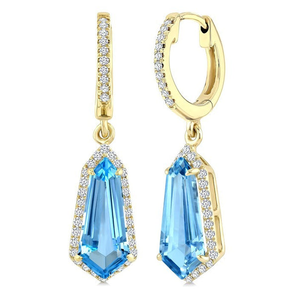 12X5 MM Evoque Gemstones Shield Shape Blue Topaz and 1/3 Ctw Round Cut Diamond Semi-Precious Earrings in 10K Yellow Gold