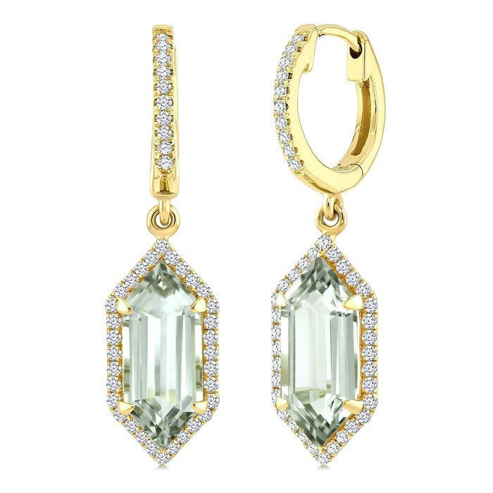 12X5 MM Evoque Gemstones Hexagon Shape Green Amethyst and 1/3 Ctw Round Cut Diamond Semi-Precious Earrings in 10K Yellow Gold