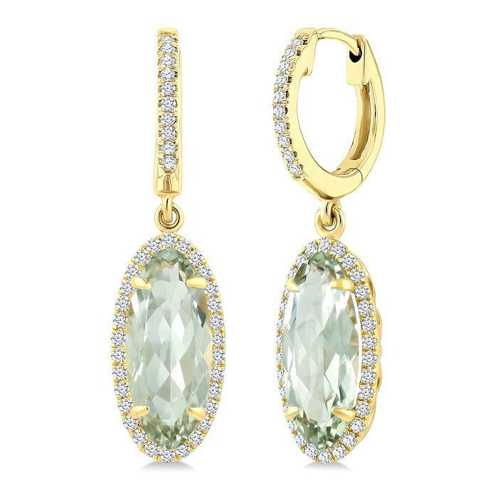 12X5 MM Evoque Gemstones Oval Shape Green Amethyst and 1/3 Ctw Round Cut Diamond Semi-Precious Earrings in 10K Yellow Gold