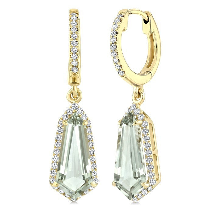 12X5 MM Evoque Gemstones Shield Shape Green Amethyst and 1/3 Ctw Round Cut Diamond Semi-Precious Earrings in 10K Yellow Gold