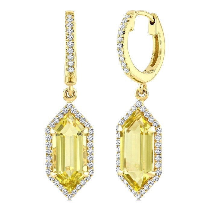 12X5 MM Evoque Gemstones Hexagon Shape Lemon Quartz and 1/3 Ctw Round Cut Diamond Semi-Precious Earrings in 10K Yellow Gold