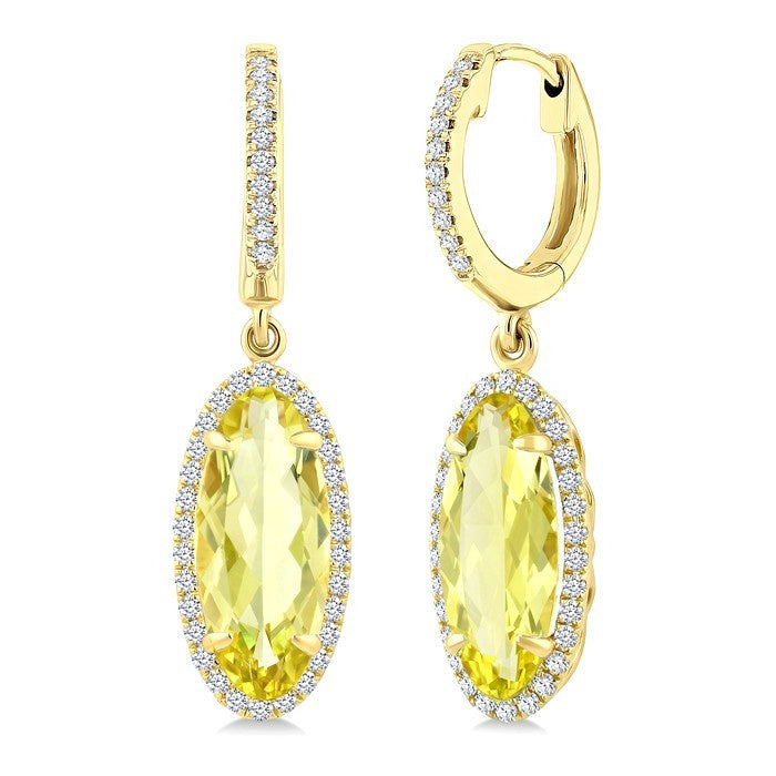 12X5 MM Evoque Gemstones Oval Shape Lemon Quartz and 1/3 Ctw Round Cut Diamond Semi-Precious Earrings in 10K Yellow Gold