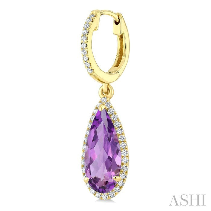 12X5 MM Evoque Gemstones Pear Shape Amethyst and 1/3 Ctw Round Cut Diamond Semi-Precious Halo Earrings in 14K Yellow Gold