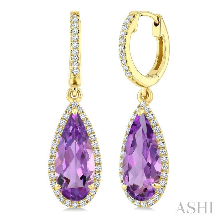 12X5 MM Evoque Gemstones Pear Shape Amethyst and 1/3 Ctw Round Cut Diamond Semi-Precious Halo Earrings in 14K Yellow Gold